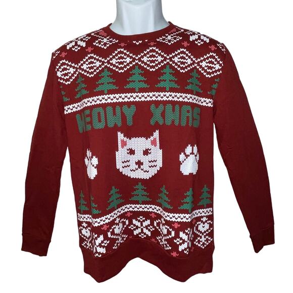 Extreme Concepts MEOWY XMAS Faux Knit Ugly Christmas Sweatshirt Size Small - Picture 1 of 3